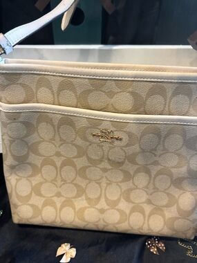 Coach Beige Signature Shoulder Bag with White Trim